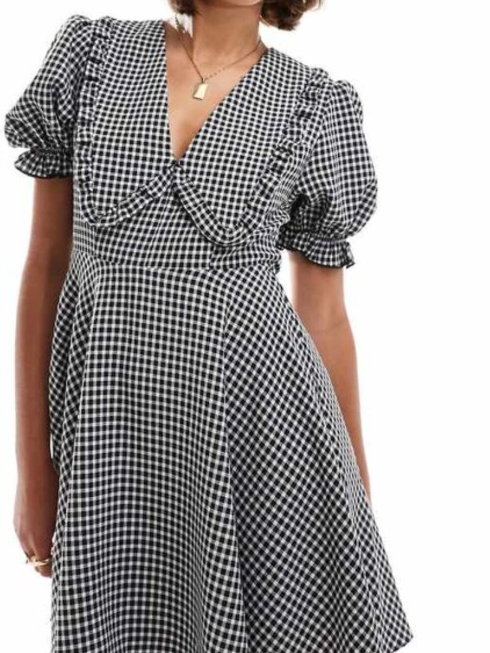 Black White Gingham Puff Sleeve Mini Dress | Ruffle Bib Collar | Size 6